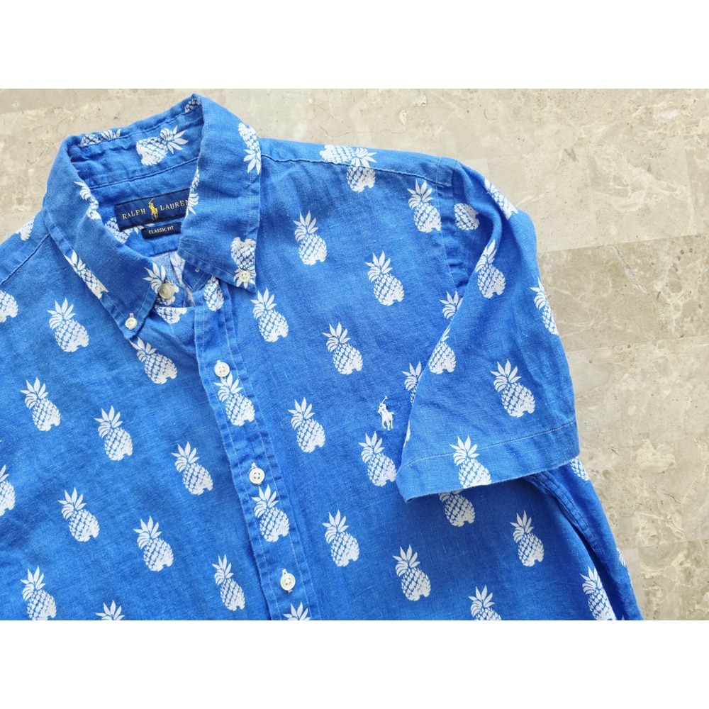 Ralph Lauren LINEN Nautical Novelty Pineapple Button Shirt Classic Coastal Men M
